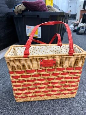 kate spade Red and Natural Wicker Tote with Polka Dot Liner